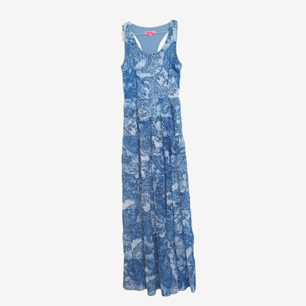 Betsey Johnson Racer Back Tiered Maxi Dress Women's Sz 6 Blue Print